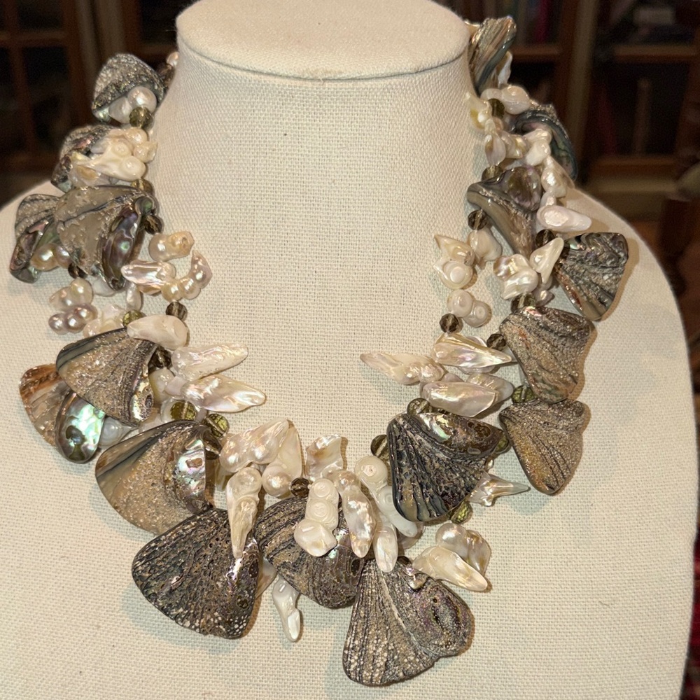 Elegant Keshi Pearl Crystal and Abalone Necklace